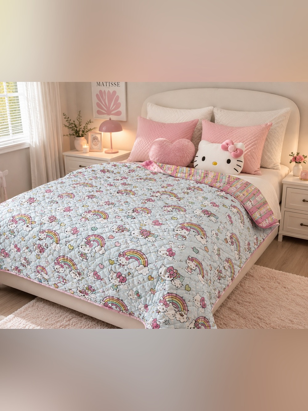✨ Hello Kitty Full/Queen Quilted Blanket – Rainbow Clouds Reversible ✨